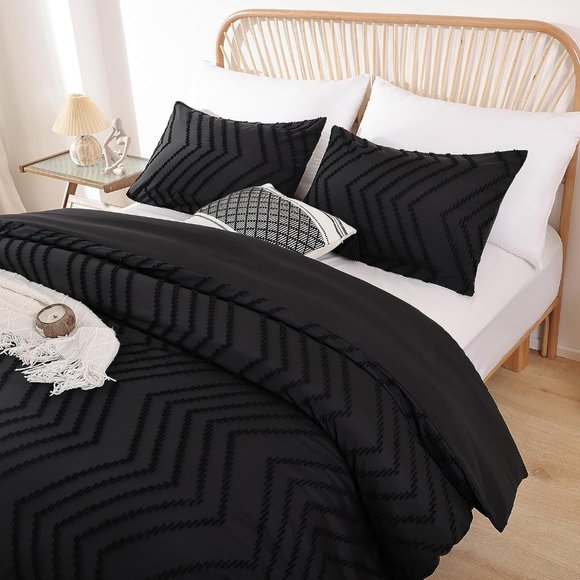Black Chevron Tufted Zigzag Textured Full Size Bed Boho Comforter Set Bedding - Picture 5 of 16